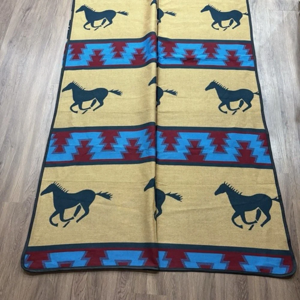 Wool Running Horses Native Style Blanket Teal Gold Reversible Casino Exclu 90x92